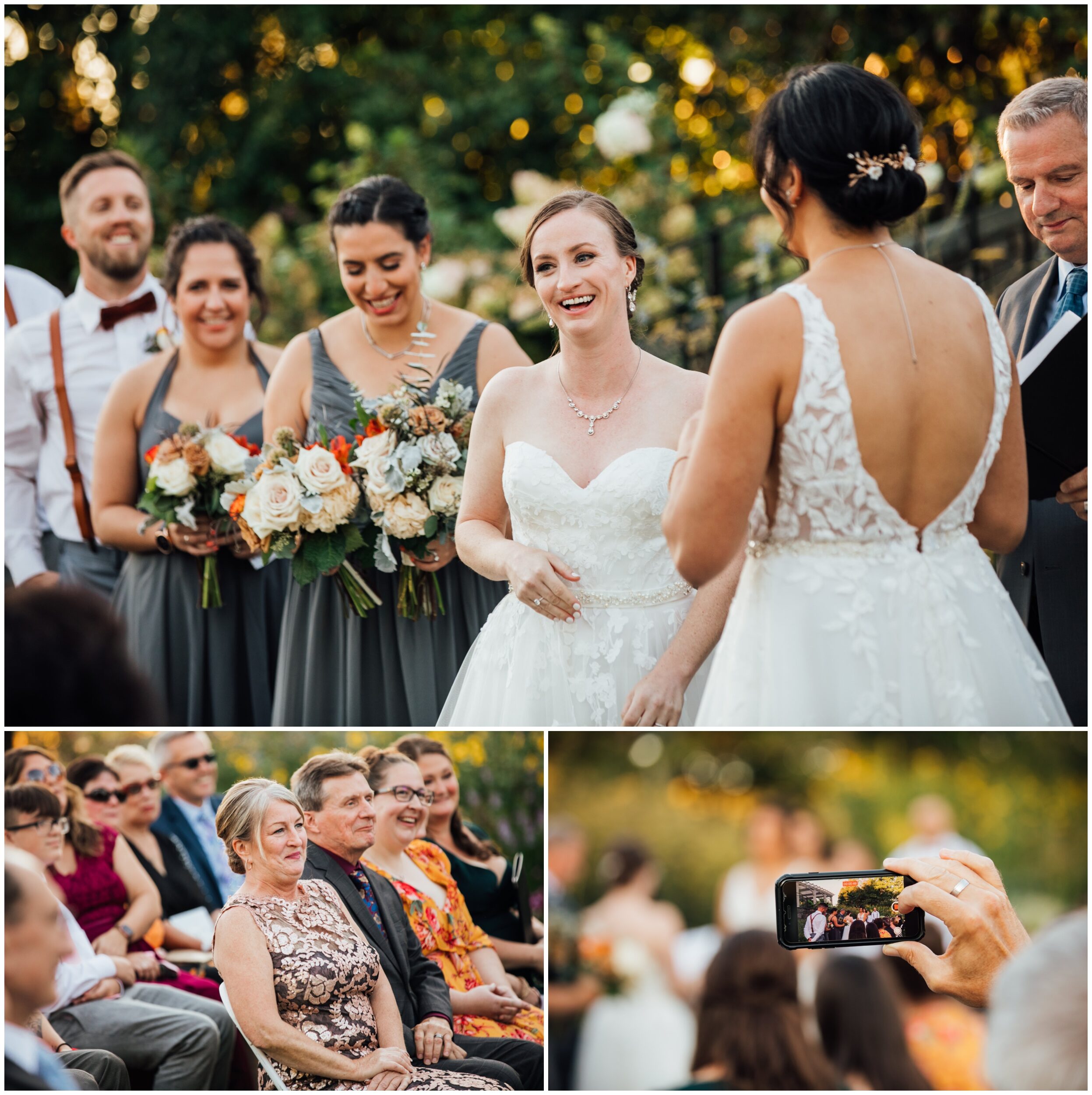 Two brides exchanging vows during outdoor ceremony at New England Botanic Garden at Tower Hill in Massachusetts